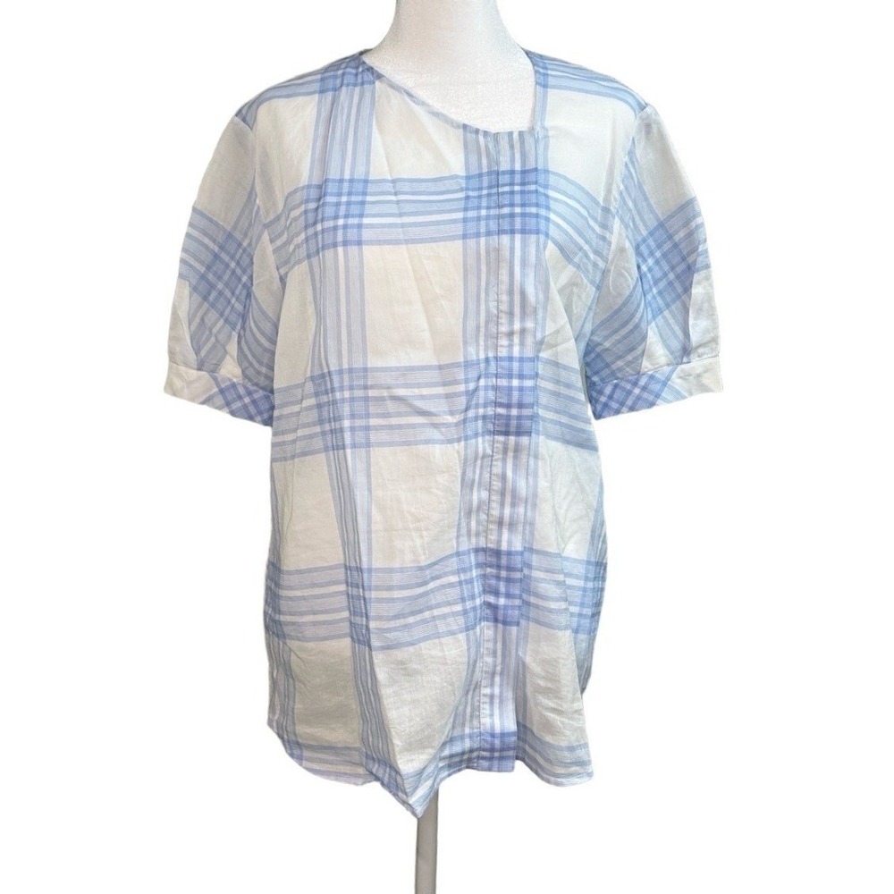 Maison Ullens Blue White Plaid Cotton Short Sleeve Top Women's FR 42 Sheer Italy - Picture 2 of 7